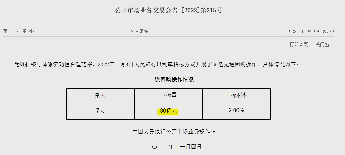 자료= 중국인민은행 홈페이지, 공개시장업무 거래공시 제215호