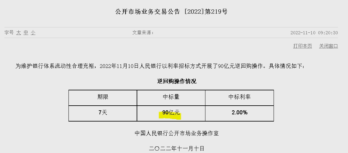 자료= 중국인민은행 홈페이지, 공개시장업무 거래공시 제219호