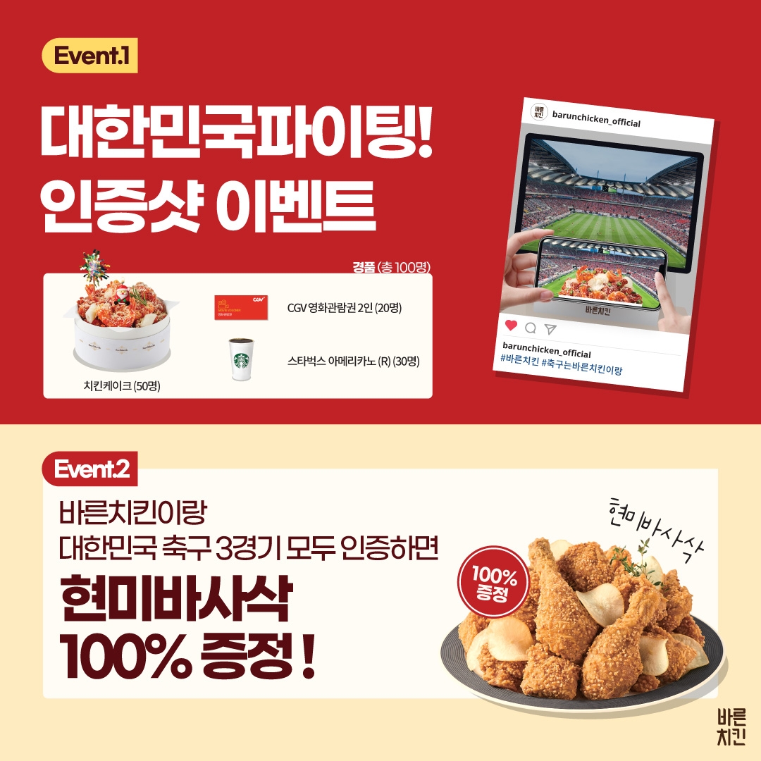 바른치킨, 대한민국 축구팀 승리 기원... 인증샷 이벤트