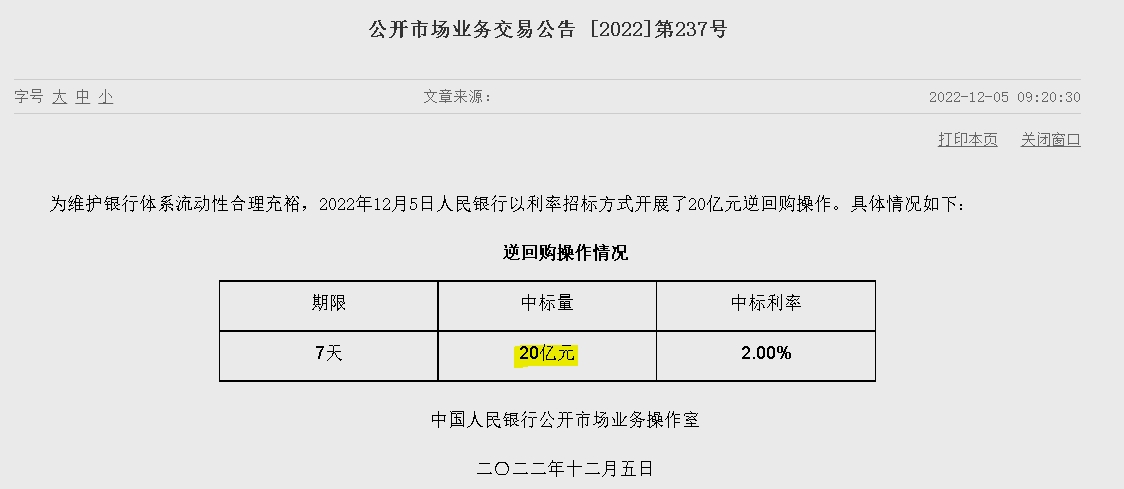 자료=중국인민은행 홈페이지, 공개시장업무 거래공시(제237호)