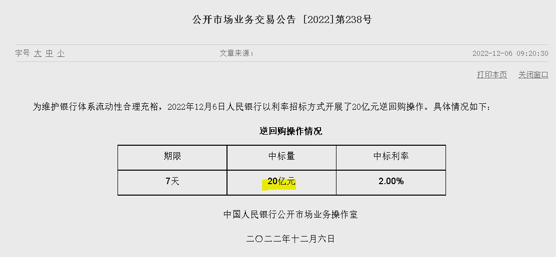 자료=중국인민은행 홈페이지, 공개시장업무 거래공시(제238호)
