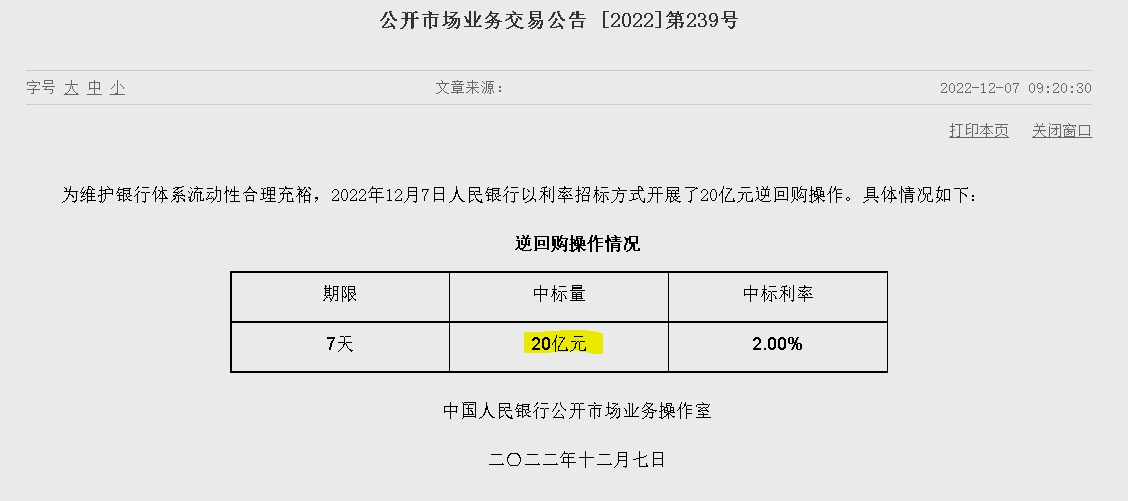 자료=중국인민은행 홈페이지, 공개시장업무 거래공시(제239호)