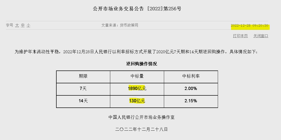 자료=중국인민은행 홈페이지, 공개시장업무 거래공시(제256호)