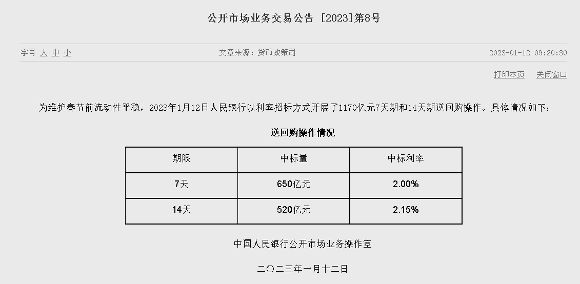 자료=중국인민은행 홈페이지, 공개시장업무 거래공시 2023년 (제8호)