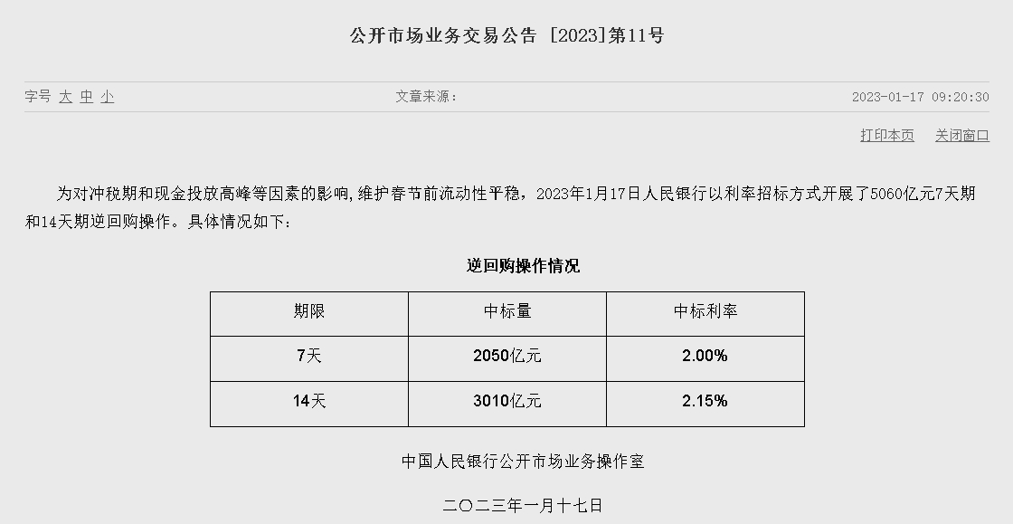자료=중국인민은행 홈페이지, 공개시장업무 거래공시 2023년 (제11호)