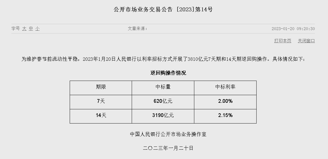 자료=중국인민은행 홈페이지, 공개시장업무 거래공시 2023년 (제14호)