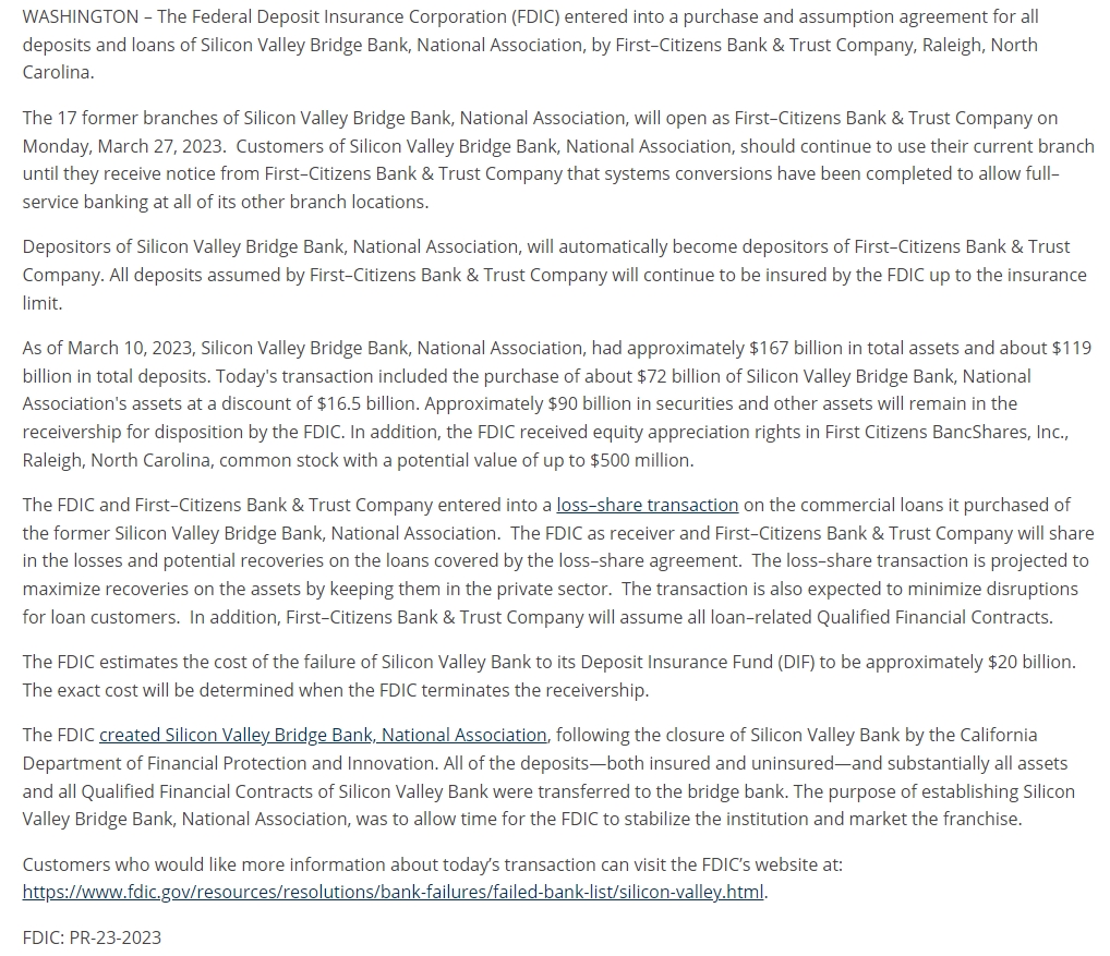 자료: 퍼스트시티즌스의 SVB 인수를 알리는 FDIC 보도자료