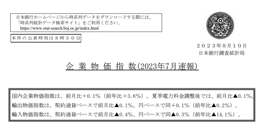 (상보) 일본 7월 PPI 전월비 0.1% 올라 예상(+0.2%) 하회...전월 -0.2%