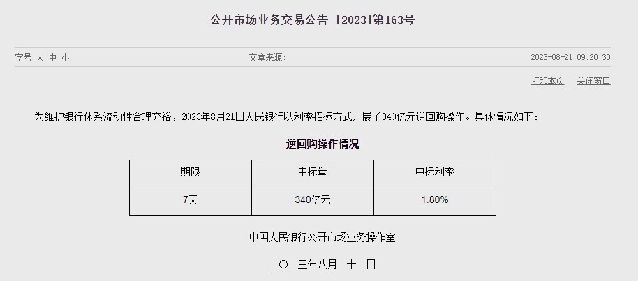 (상보) 中 인민은행, 사실상 기준금리 1년물 LPR 3.55%서 3.45%로 인하...유동성 280억위안 순공급