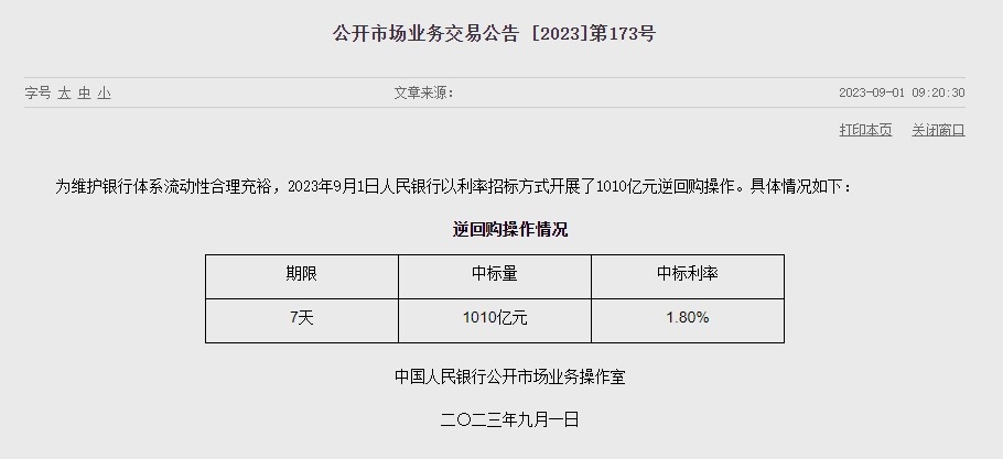 (상보) 中 인민은행 유동성 1200억위안 순회수...이번주 6810억위안 순공급