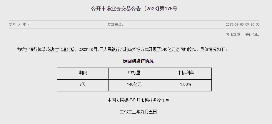 (상보) 中 인민은행 유동성 3710억위안 순회수...이번주 6910억위안 순회수