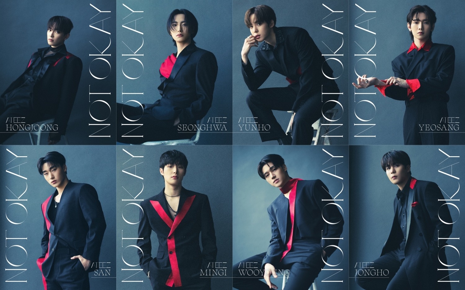 에이티즈, 日 싱글 3집 ‘낫 오케이(NOT OKAY)’ 첫 번째 개인 콘셉트 포토 공개…레드 포인트 슈트 착장 ‘시크’