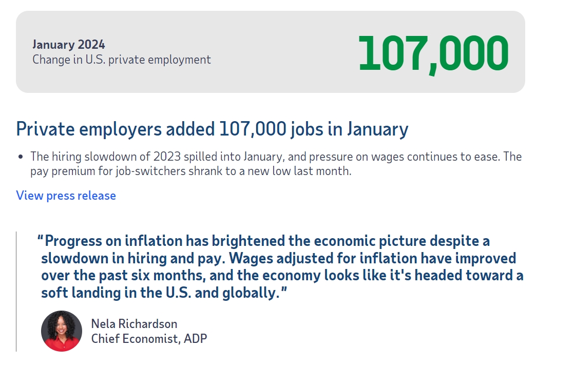 (상보) 미 ADP 1월 민간고용 전월비 10만7천명 늘며 예상(15만명) 하회
