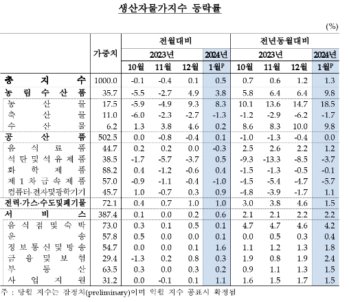 (종합) 1월 생산자물가 전월비 0.5% 상승...지난해 12월 상승 전환 후 상승폭 확대 - 한은