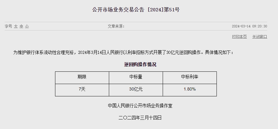中인민은행 유동성 70억위안 순회수...이번주 140억위안 순회수