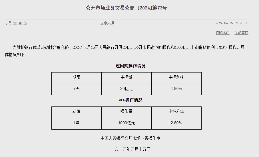 (상보) 중국 인민은행, 1년 MLF 금리 2.5%로 동결...유동성 780억위안 순회수