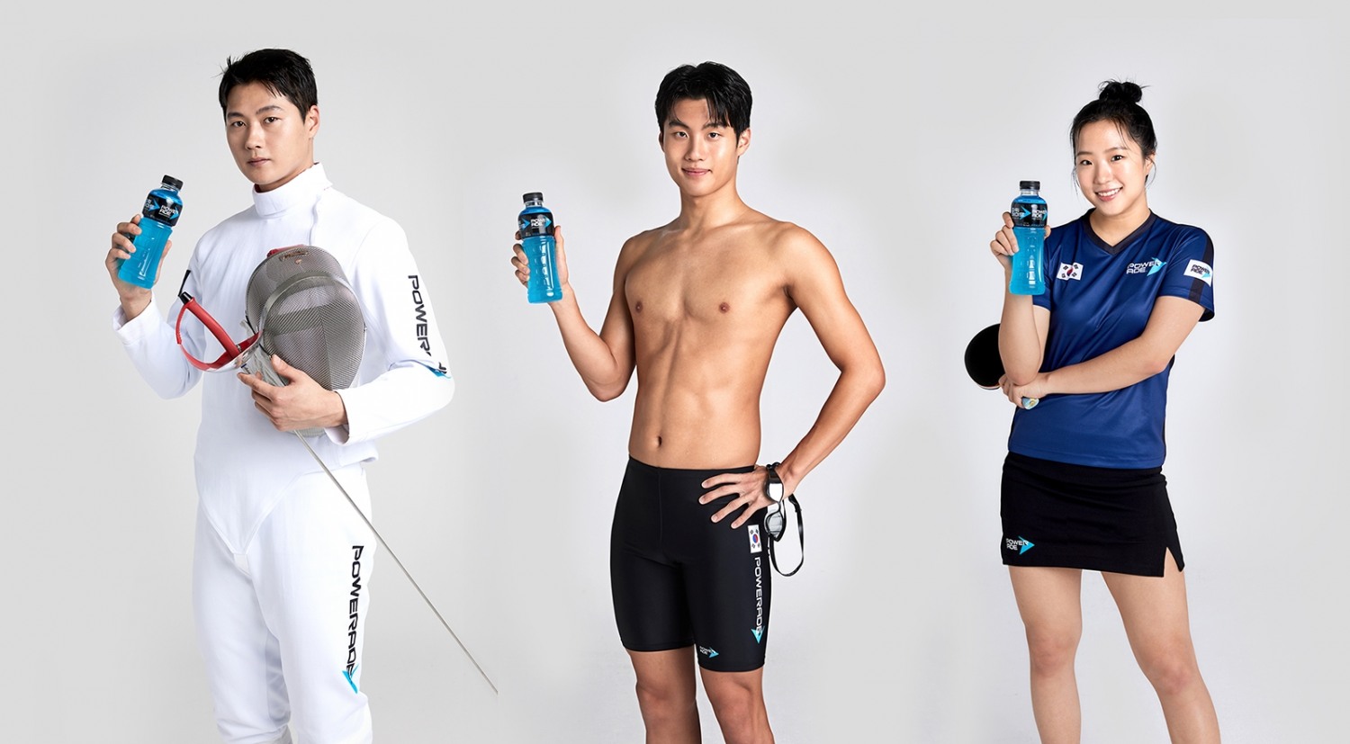 파워에이드 모델 오상욱, 황선우, 신유빈(왼쪽부터) (사진제공 : 한국 코카-콜라사)