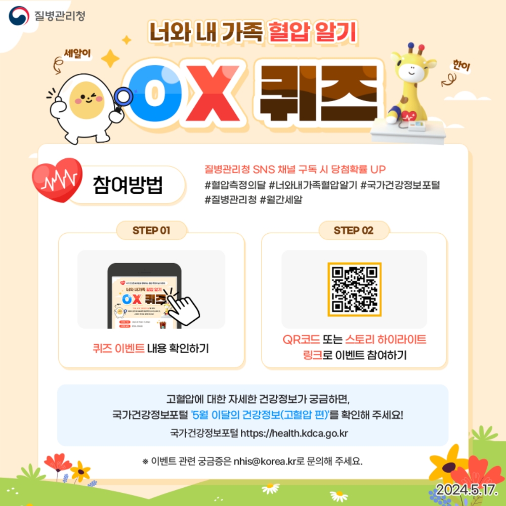 (힌트2) 고혈압 약 복용 후, 혈압이 정상으로 돌아와도 의사와 상의 없이 스스로 약물 복용을 중단하면 안 된다. 식습관과 운동 부족으로 인해 다시 고혈압이 재발할 수 있기 때문이다. / 이미지 출처 : 질병관리청