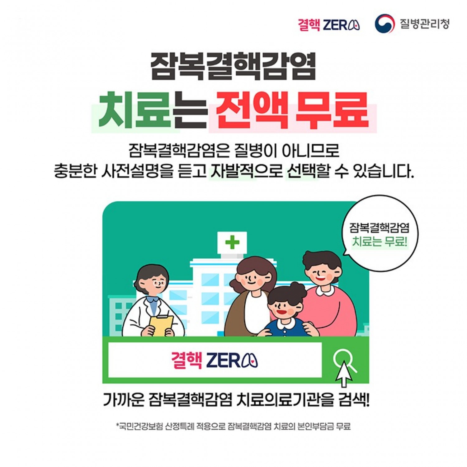 잠복결핵감염 치료는 무료로 진행 가능하니 감염 여부를 확인 후 신속히 치료하는 게 좋다. / 출처 : 질병관리청