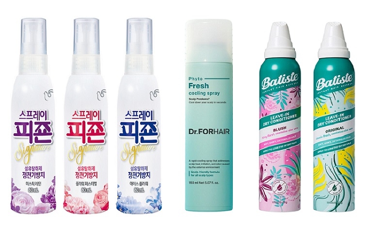 ▲피죤 ‘스프레이 피죤 시그니처’, 닥터포헤어 ‘피토프레시 쿨링 스프레이’, 바티스트 ‘바티스트 드라이샴푸’