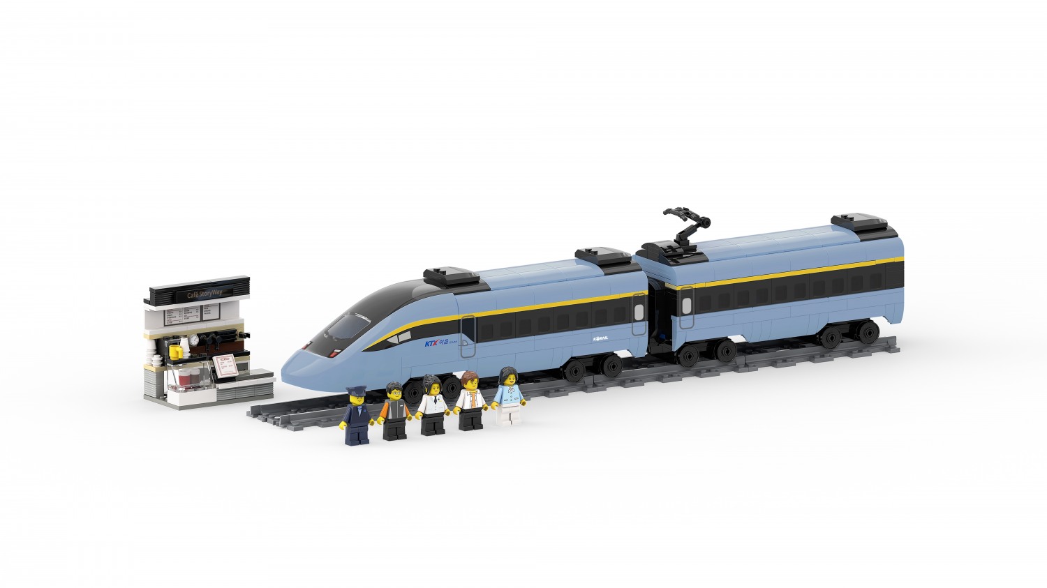 734개 브릭으로 구성된‘KTX-이음’열차모형 블록은 열차 2량, 카페스토리웨이, 구성원 미니 피규어 5개, 선로 등이 포함돼 있다.
