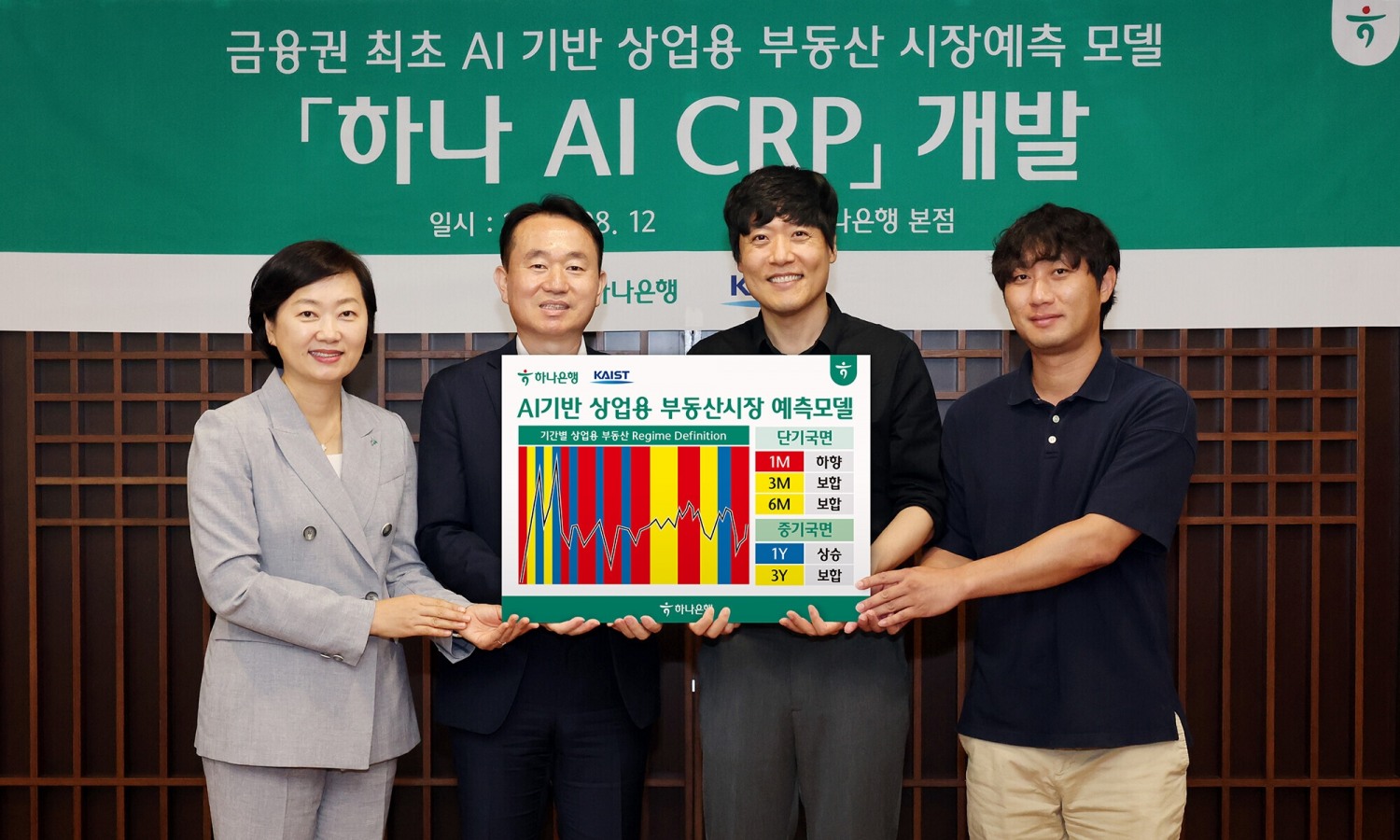 하나은행은 지난 12일 하나은행 본점에서 AI 상업용 부동산 시장예측 모델인 『하나 AI CRP』 서비스를 개발 했다고 밝혔다. 김영훈 하나은행 자산관리그룹 부행장(사진 맨 왼쪽 두번째), 이은정 하나은행 WM본부 본부장(사진 맨 왼쪽)이 김우창 KAIST 교수(사진 맨 왼쪽 세번째)와 기념촬영을 하고 있다.