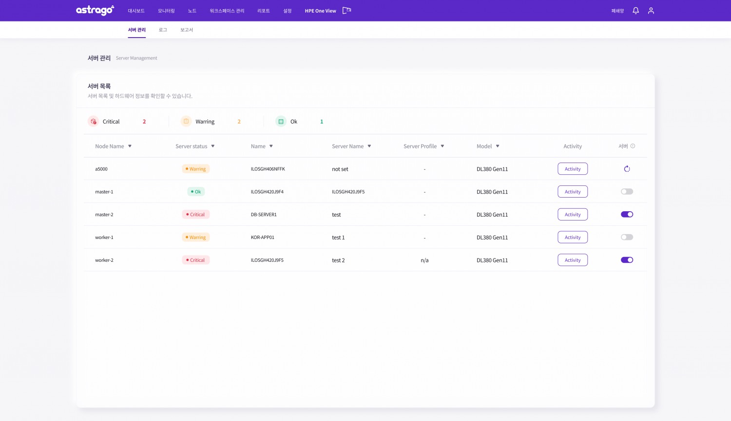 ◆ 글로벌 IT 기업 HPE와의 기술력 결합으로 단단해진 비즈니스 환경 제공 부제목 아래의 AstraGo 내 HPE Oneview 연동 화면