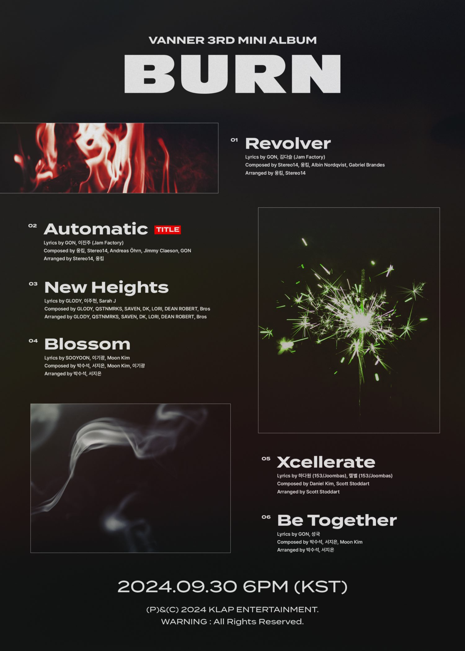 VANNER(배너), 미니 3집 ‘BURN’ 트랙리스트 공개…타이틀곡은 ‘Automatic’