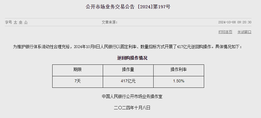 中인민은행 유동성 8869억위안 순회수..7일물 RP 매입 417억위안, 만기 9286억위안