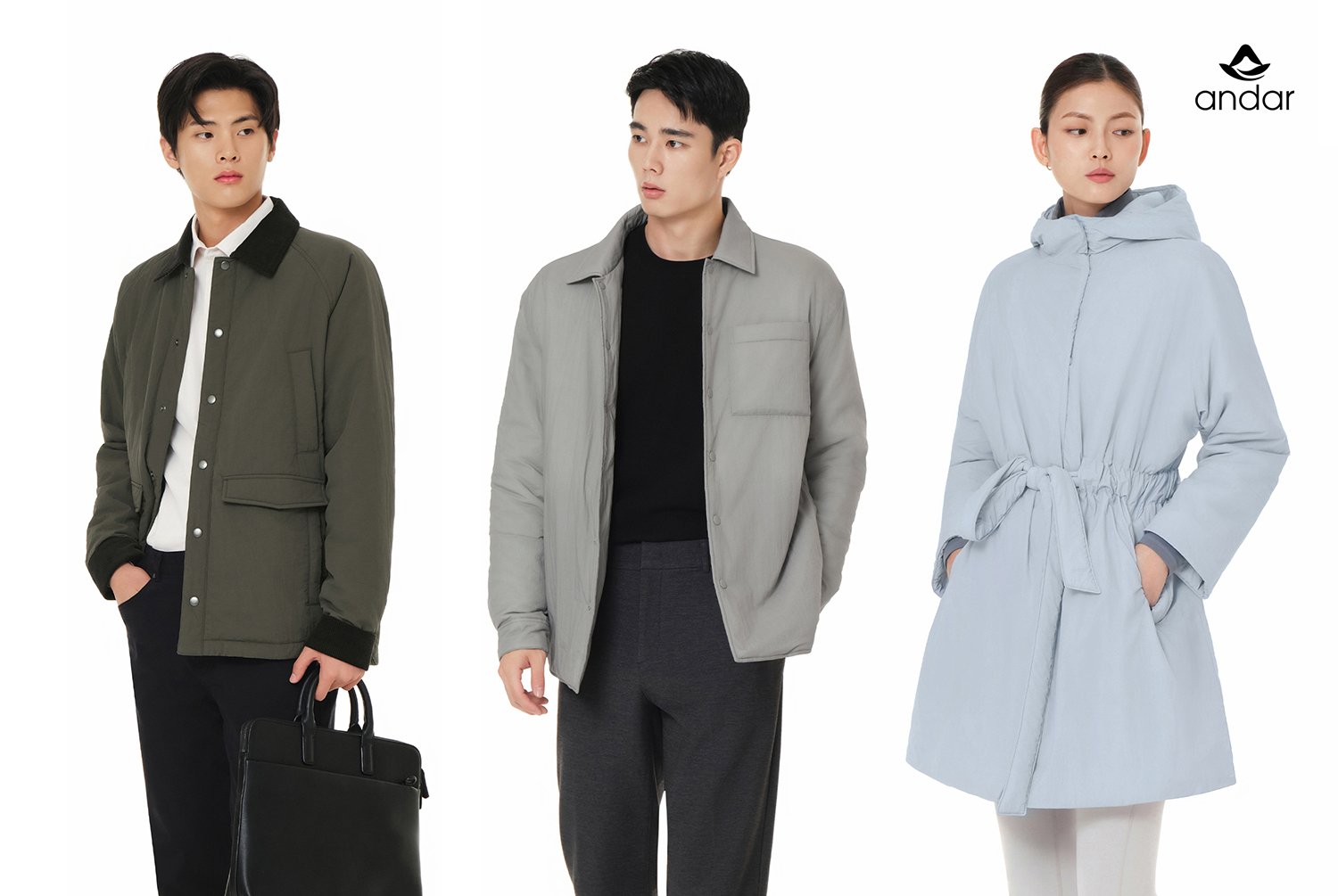 안다르 프리마로프트 자켓 라인(좌측부터 매트웜 패딩 자켓, 시티웜 패딩 자켓, 윈터 윈드자켓)