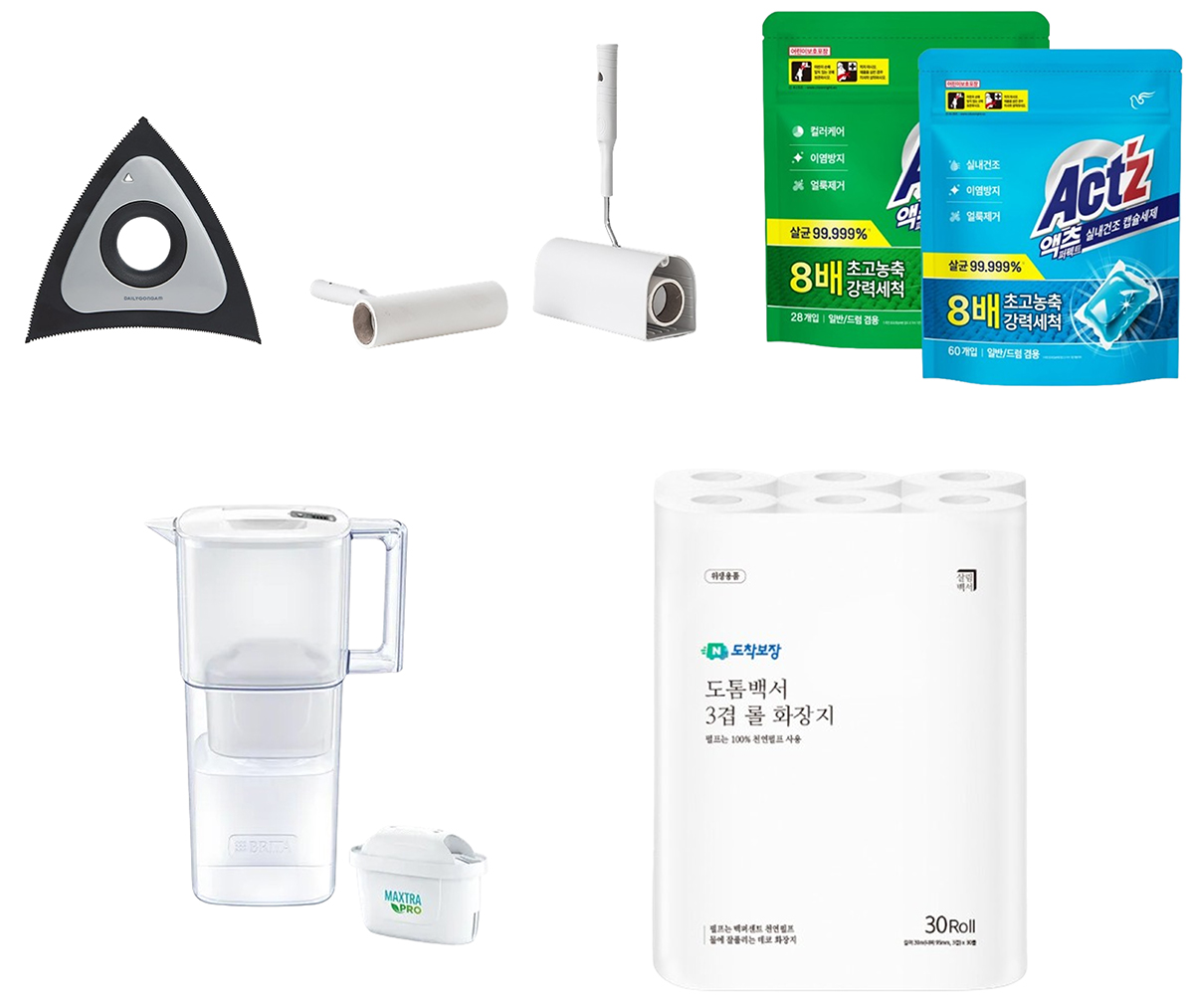 사진/(좌측 상단부터 시계방향) 일상공감 '만능 싹쓸어보게', 생활백서 '스탠드형 테이프클리너', 피죤 '액츠 퍼펙트 캡슐세제', 살림백서 '도톰백서 3겹 롤 화장지', 브리타 '리켈리' (이미지제공=각 사)