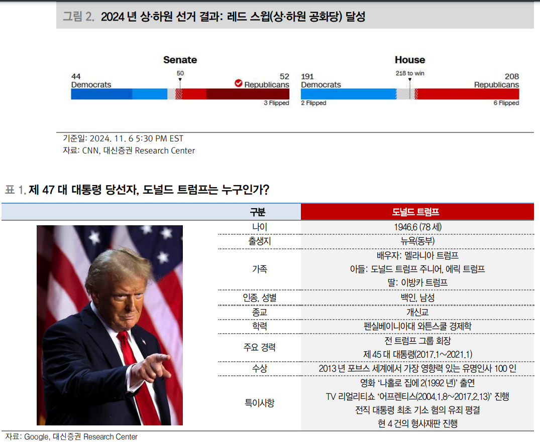 트럼프 2.0, 미국중심정책과 미국기업에만 유리한 환경 조성...레드스윕으로 강한 정책추진력 확보 - 대신證