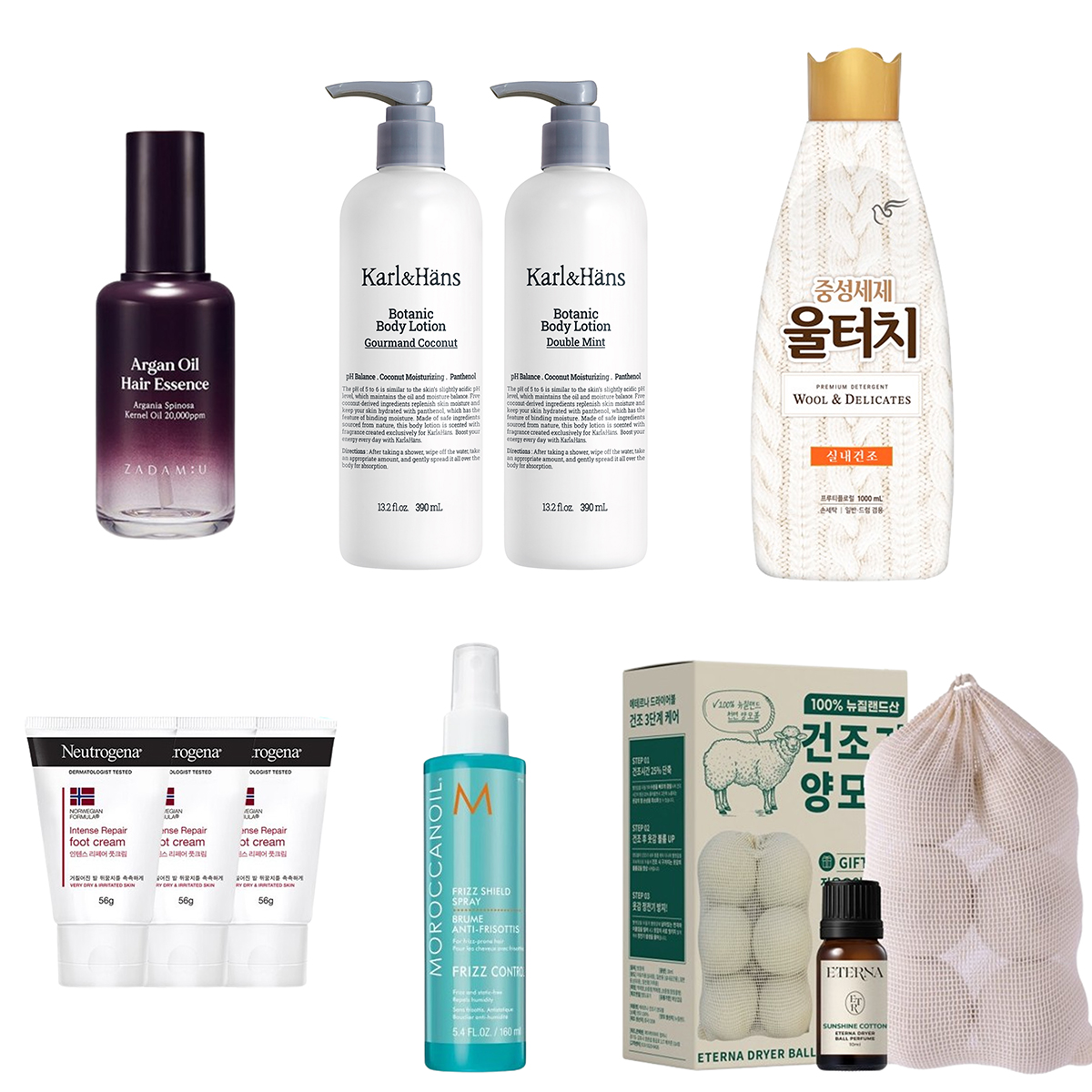 사진/(좌측 상단부터 시계방향) 자담유 '아르간오일 헤어에센스', 칼앤한스 '보타닉 바디로션', 피죤 '울터치 중성세제', 에테르나 '건조기 양모볼', 모로칸오일 '프리즈 실드 스프레이', 뉴트로지나 '인텐스 리페어 풋크림' (이미지제공=각 사)