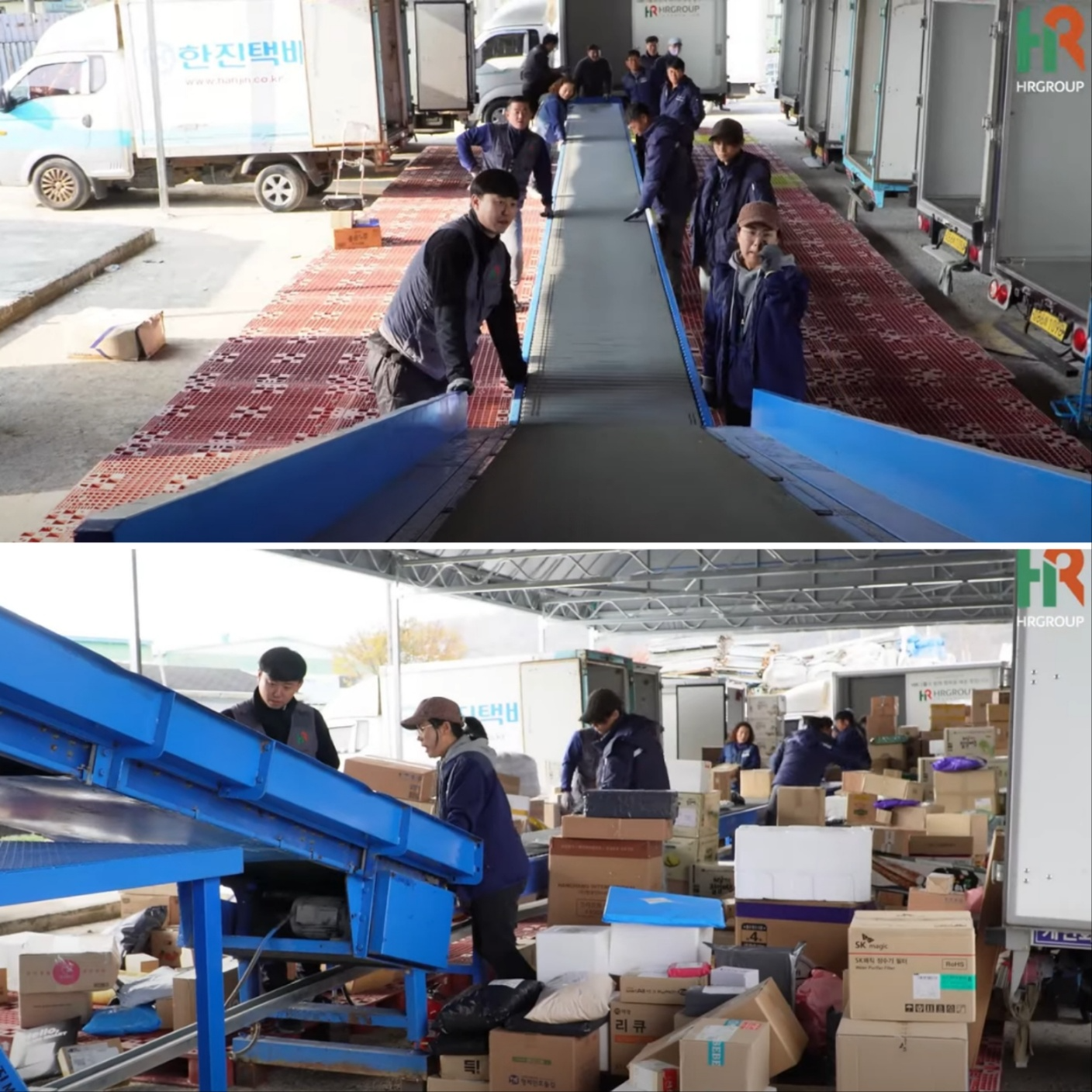 HR그룹이 11월 1일부터 화순군 전역의 한진 택배 서비스 운영을 시작하고 한진 택배 터미널에서 배송 상품 분류 작업을 진행하고 있다. /사진=유튜브 에이치알TV 캡처