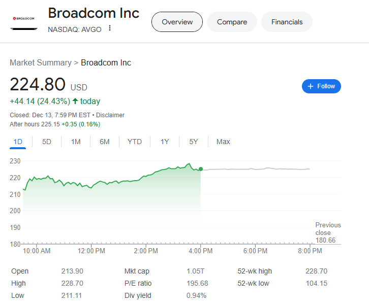 (상보) 'AI수요 기대 + 실적 호조' 브로드컴 24% 뛰며 시총 1조弗 첫 돌파