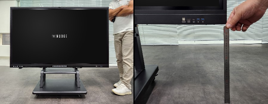 ▲ 사진은 유엔젤에 ODM 형태로 생산, 공급된 현대아이티 스마트보드와 맞춤 높이의 이동형스탠드