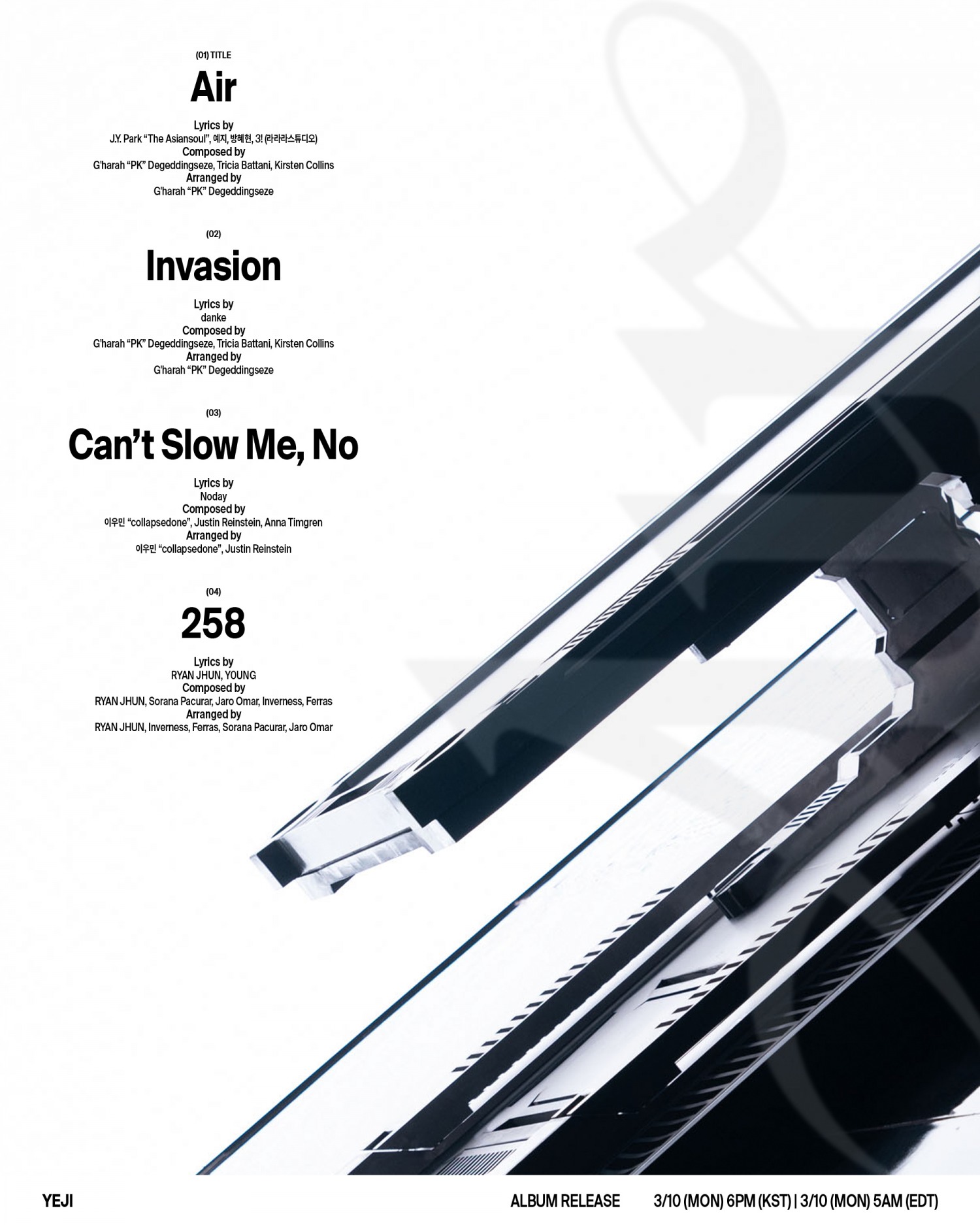 ITZY 예지, 솔로 데뷔 앨범 ‘AIR’ 트랙리스트 공개…타이틀곡 작사 참여로 육각형 솔로 아티스트 매력 선사