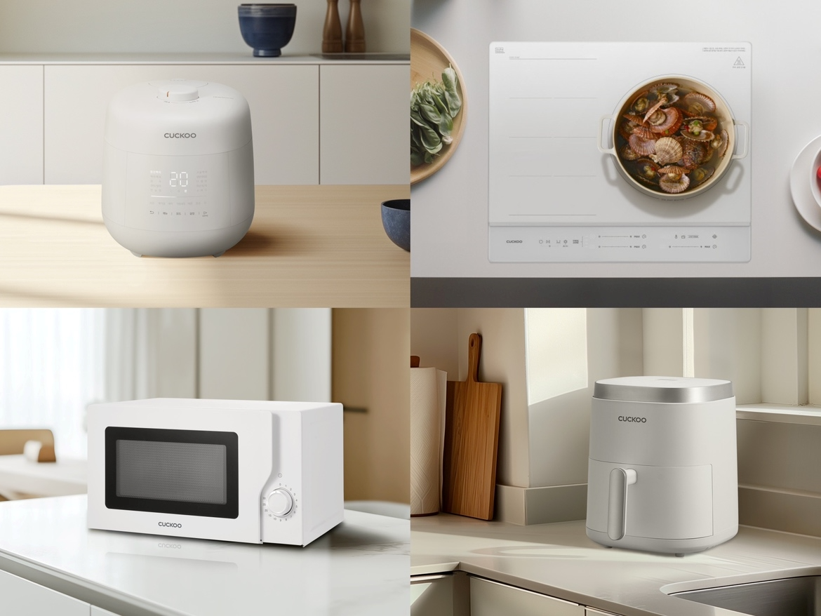 <(좌측 상단부터 시계방향) 쿠쿠 밥솥, 인덕션레인지, 에어프라이어, 전자레인지>