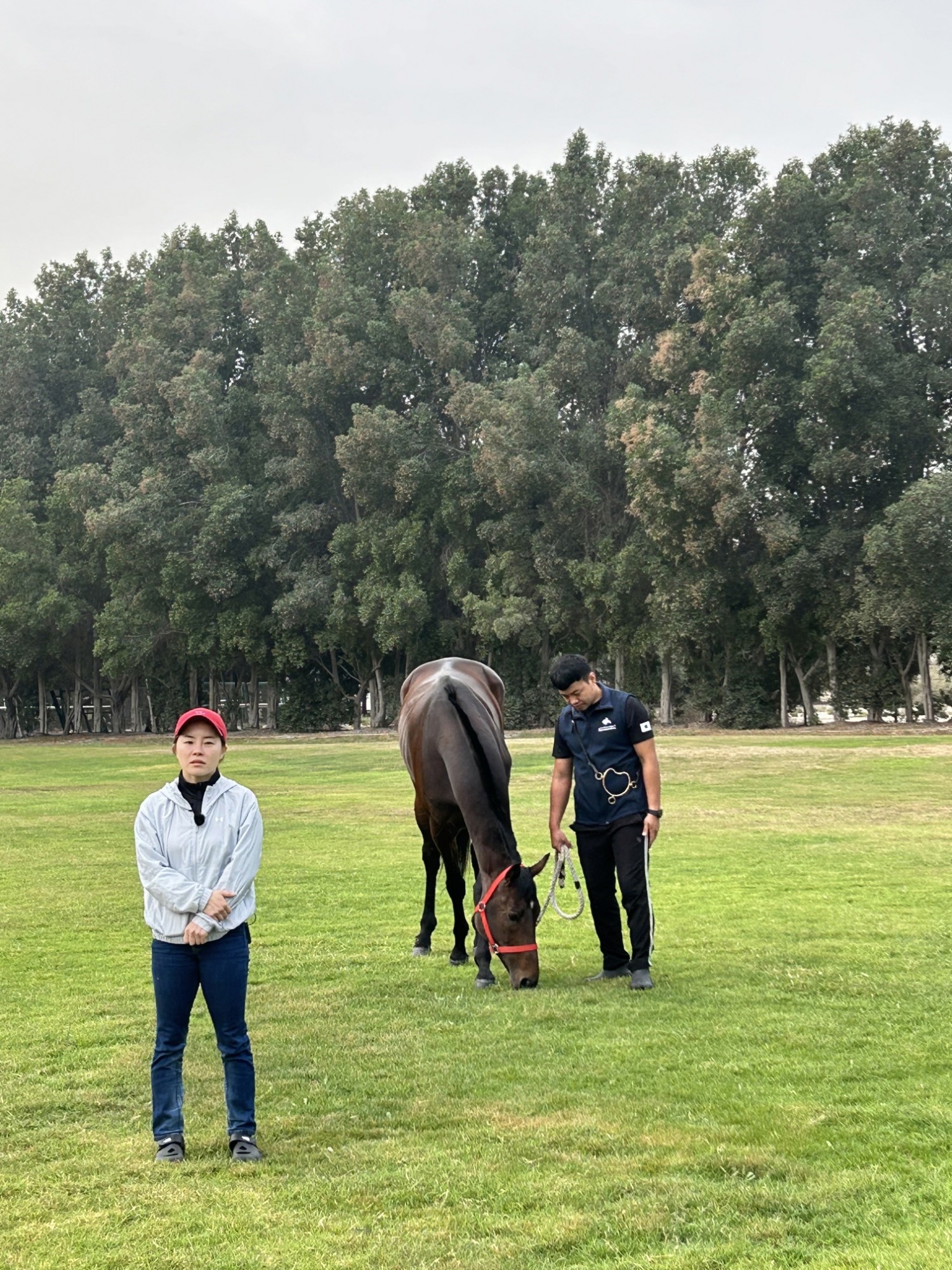 훈련 후 휴식 취하는 글로벌히트와 인터뷰 응하는 김혜선 기수
