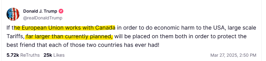 (상보) 트럼프 “EU-캐나다가 협력해 미국에 경제적 피해 주면 더 큰 관세 부과”