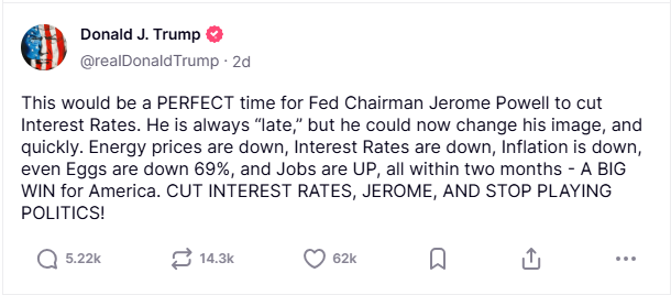 (상보) 트럼프 "지금 금리인하 적기...파월 정치게임 중단하고 금리 내려라"