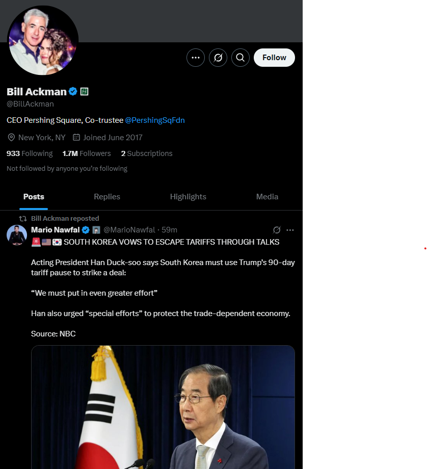 사진: 조금 전 한국관련 내용을 포스팅한 애크먼, 출처: 애크먼의 X