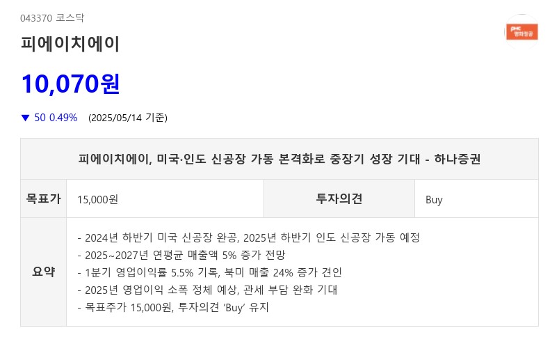 피에이치에이, 미국·인도 신공장 가동 본격화로 중장기 성장 기대 - 하나증권