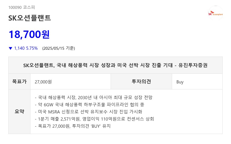 SK오션플랜트, 국내 해상풍력 시장 성장과 미국 선박 시장 진출 기대 - 유진투자증권