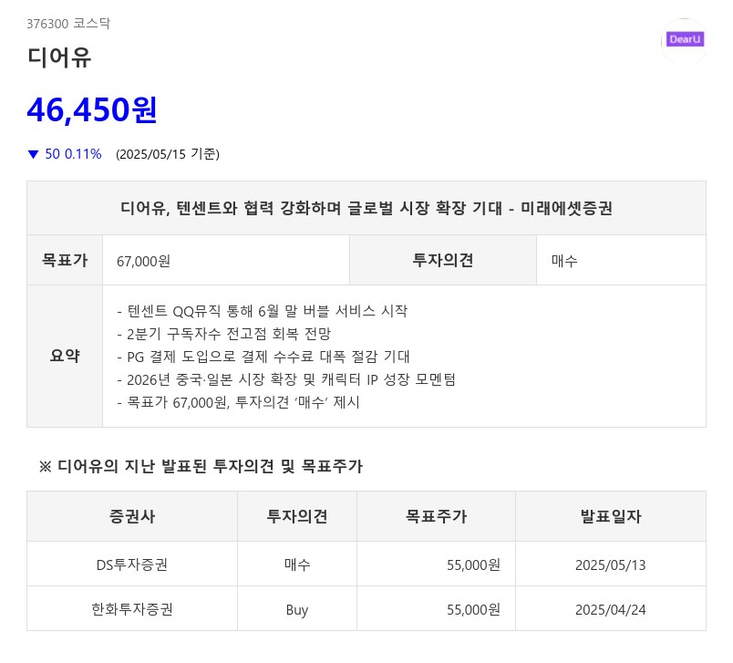 디어유, 텐센트와 협력 강화하며 글로벌 시장 확장 기대 - 미래에셋증권