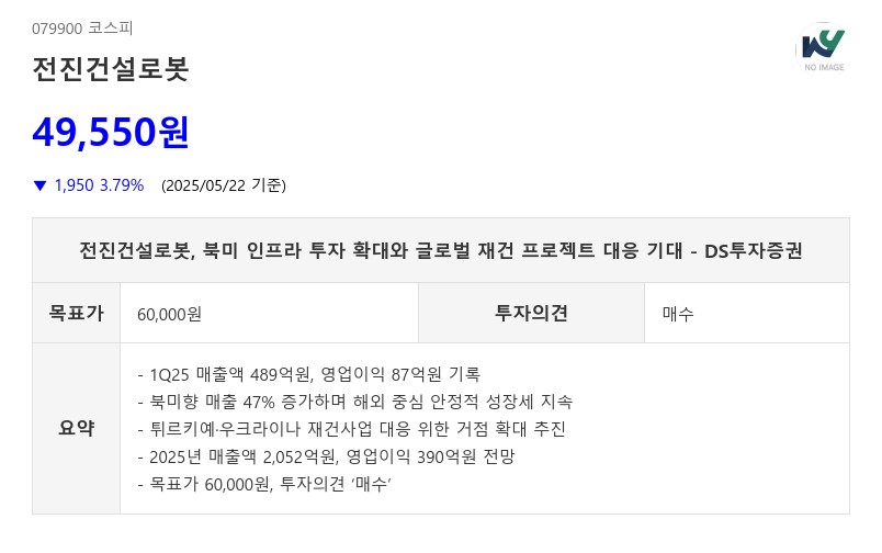 전진건설로봇, 북미 인프라 투자 확대와 글로벌 재건 프로젝트 대응 기대 - DS투자증권