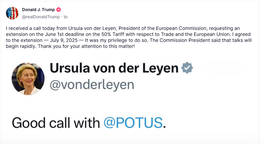 (상보) 트럼프 "대EU 50% 관세 부과, 7월9일로 연기"