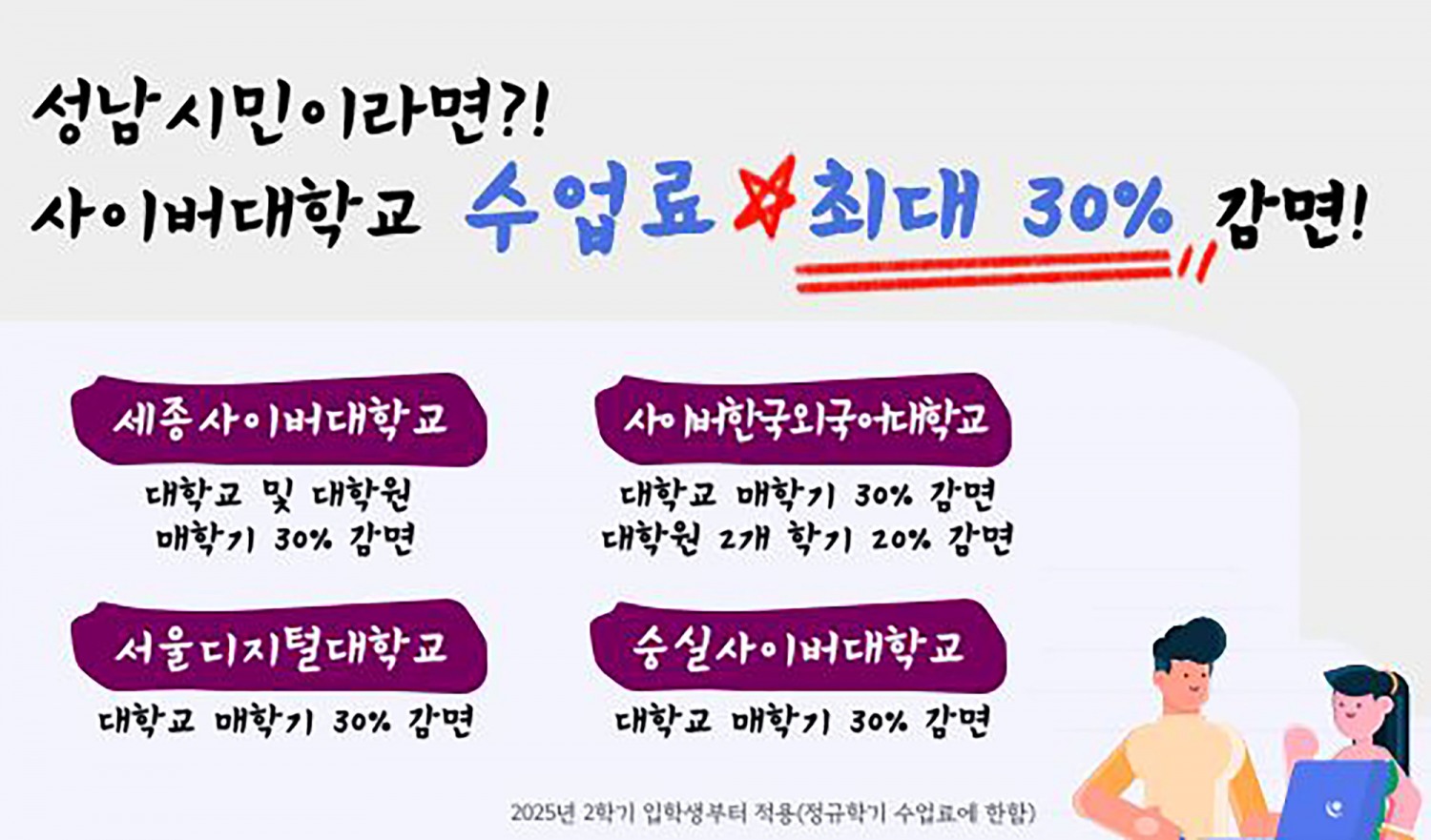 사이버대학교(4년제) 수업료 최대 30% 감면