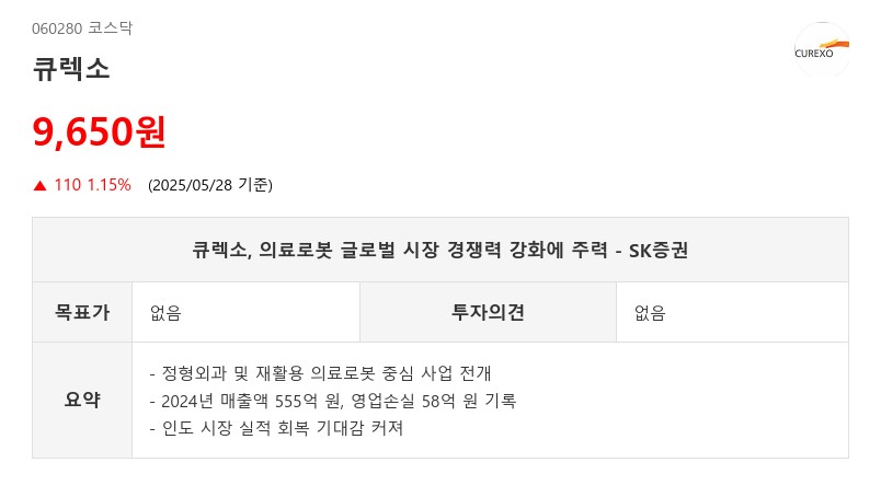 큐렉소, 의료로봇 글로벌 시장 경쟁력 강화에 주력 - SK증권