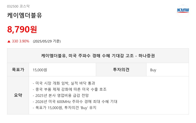 케이엠더블유, 미국 주파수 경매 수혜 기대감 고조 - 하나증권